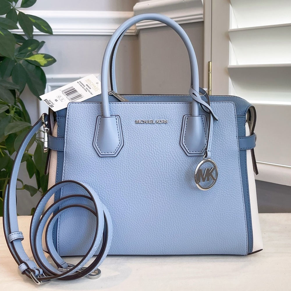 Michael Kors Mercer Belted Satchel & Wallet Set Blue Leather with Gold Hardware - Picture 2 of 8